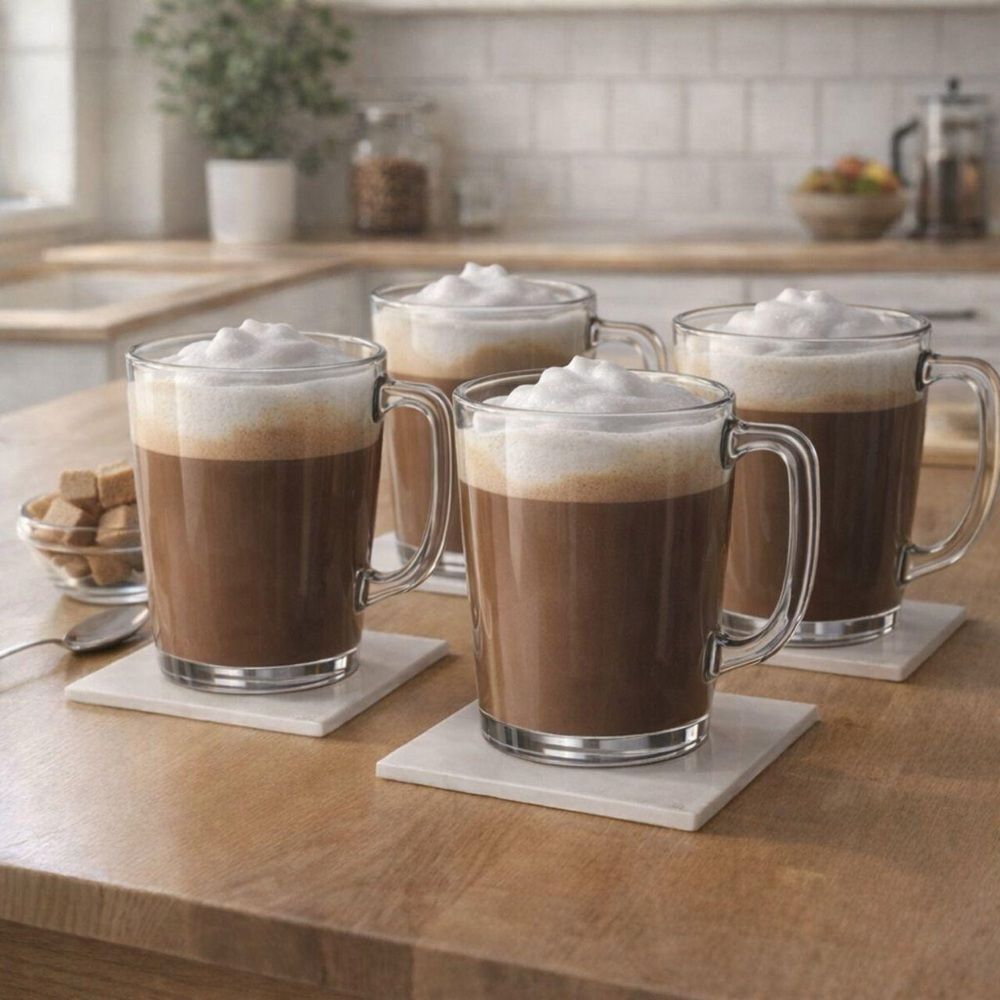 Set of 4 Clear Glass Coffee Mugs with Handles - Brown Coffee & White Foam